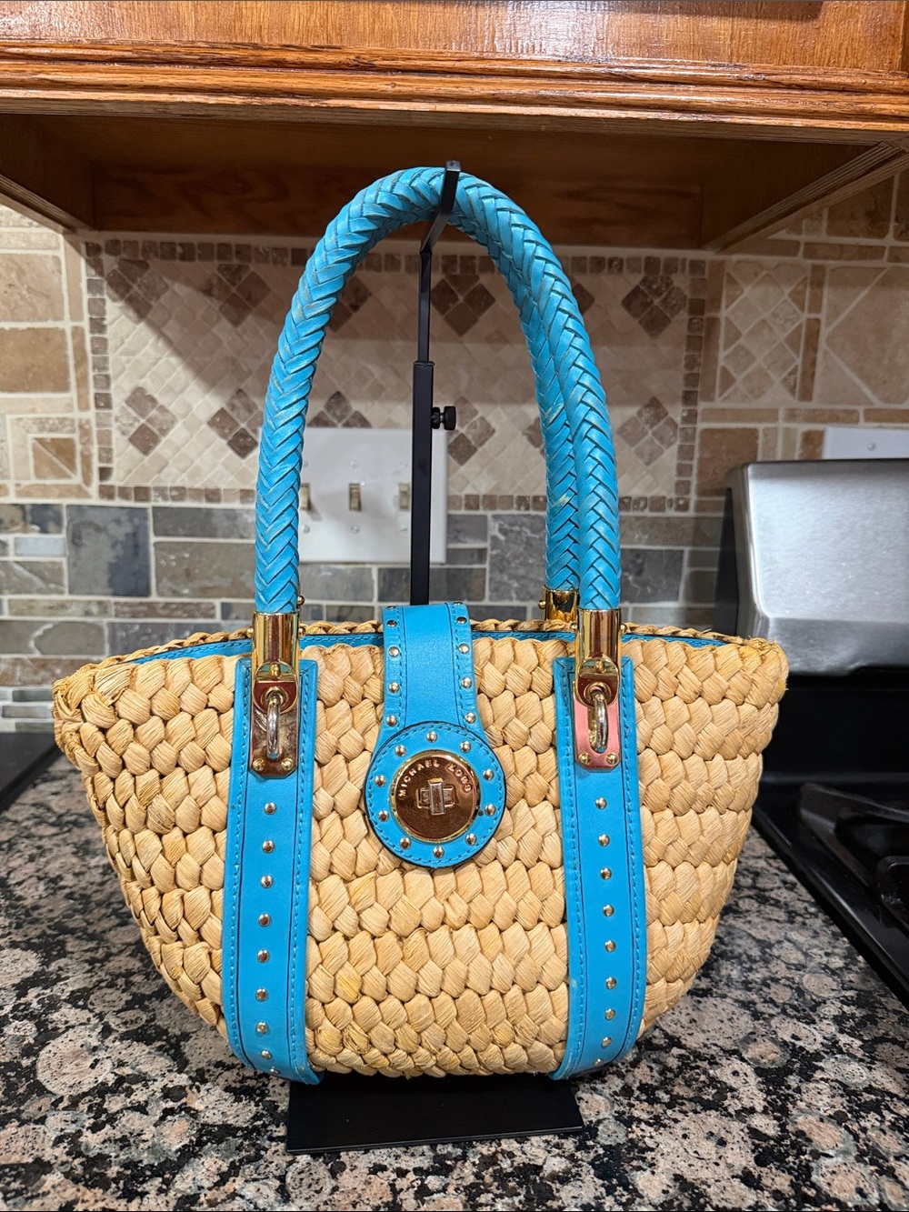 Michael Kors Turquoise-Trim Braided Straw Tote